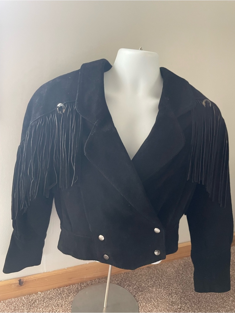 Source Unknown Black Suede Fringe Cropped Jacket with Silver Snaps
